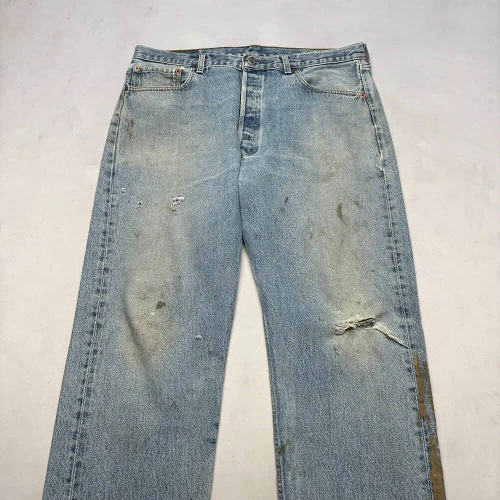 Vintage 90s Levi's 501 Straight Leg Jeans 36x30 Made in USA Light Wash Dirt